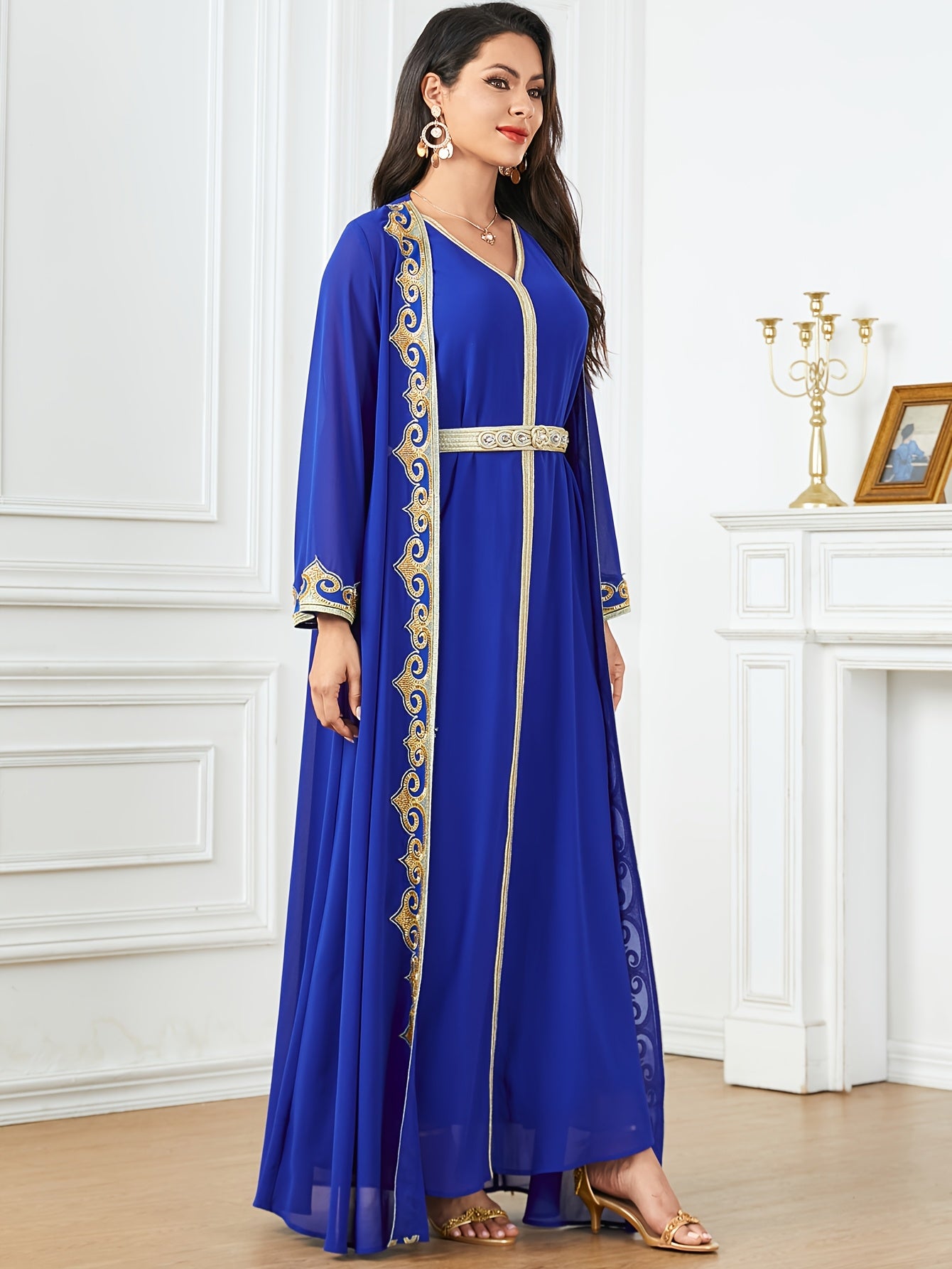 New Middle Eastern Emirati Abaya Dress + Cardigan Lace Embroidery Long Sleeve Two-Piece Robe Dress