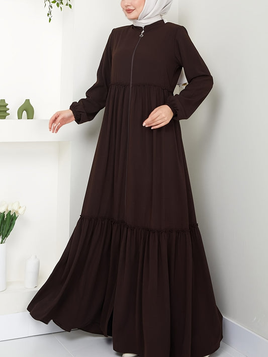 Elegant Middle Eastern-Inspired Women's Long Sleeve A-Line Baju Abaya with Front Zipper - Floor-Length Solid Color Machine Washable Modest Abaya for Casual & Formal Occasions