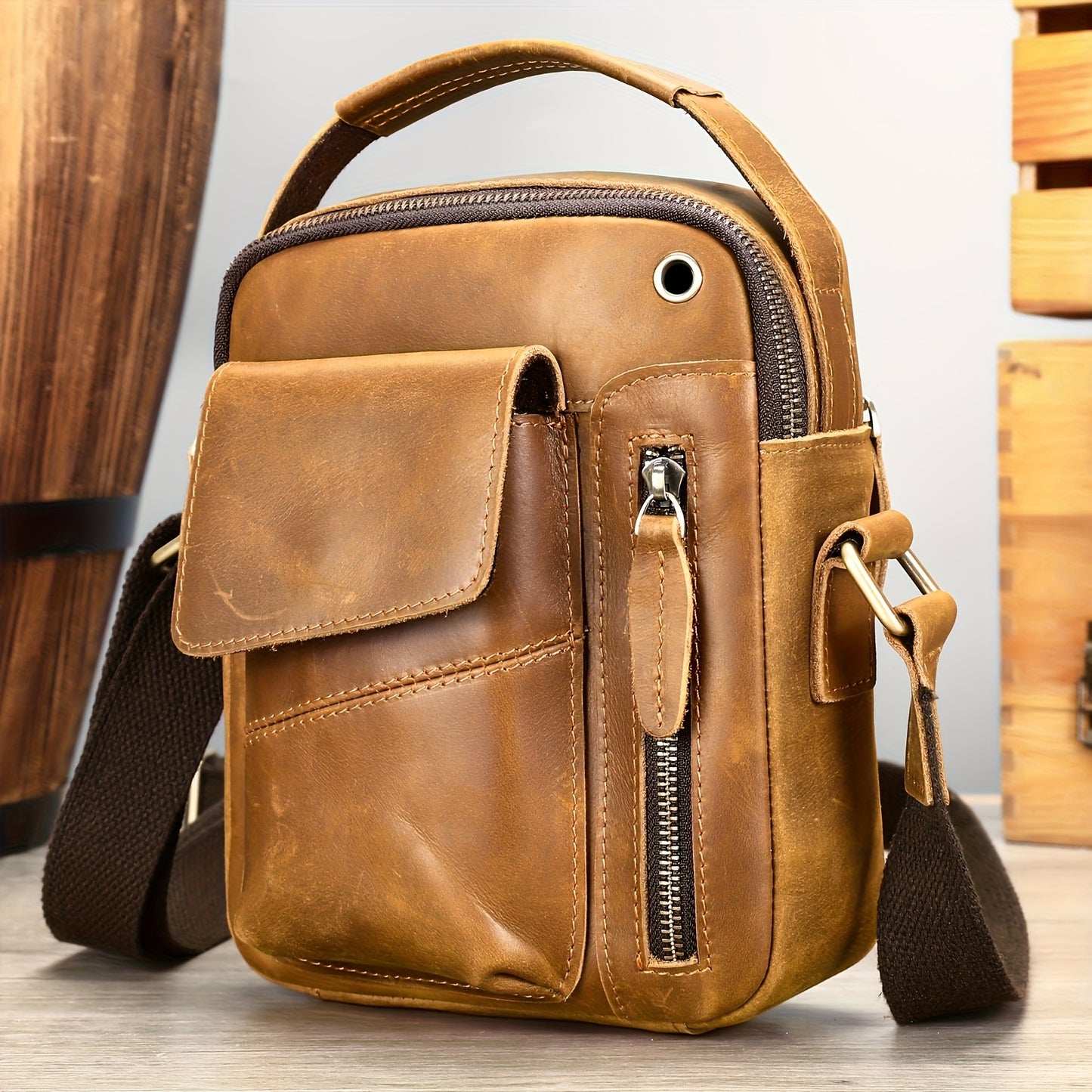 Crazy Horse Leather Shoulder Bag For Men, Fashionable Sling Bag For 7.9-in Tablet, Retro Crossbody Bag For Hanging Out & Daily Commute