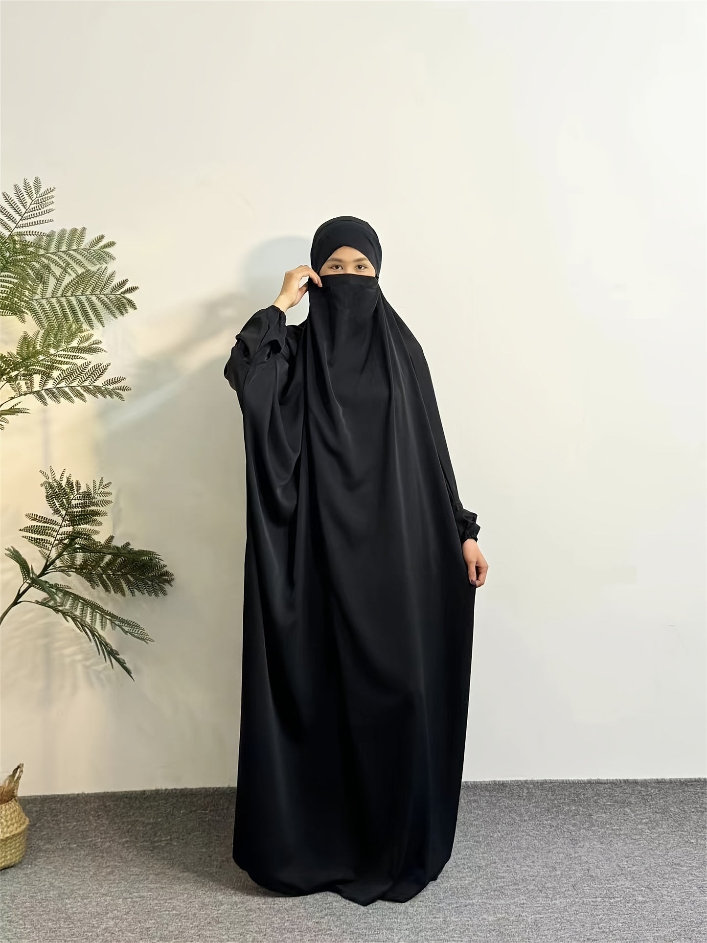 Elegant Black Hijab Dress for Women - Long Sleeve Smocked Abaya Kaftan with Hooded Prayer Abaya Burqa, Polyester Islamic Modest Clothing for Ramadan & Daily Wear