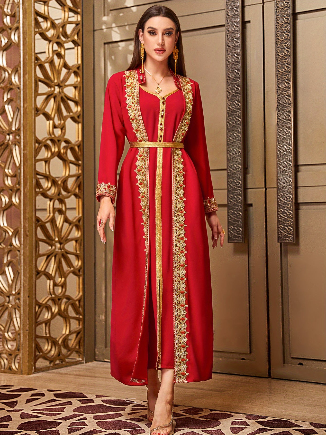 Elegant Red Faux Two-Piece Casual Middle Eastern Abaya Gown Dress for Women - Traditional Attire with Sparkling Rhinestone Embellishments, Lantern Sleeves, and a Belted Waist