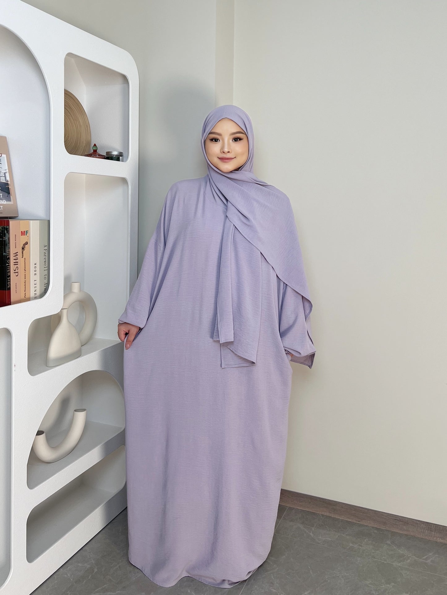 Elegant Crepe Hooded Jibab Abaya Hijab | Modest Long Sleeve Full Coverage Prayer Dress with Attached Scarf & Pockets, Machine Washable Medium Stretch Solid Color