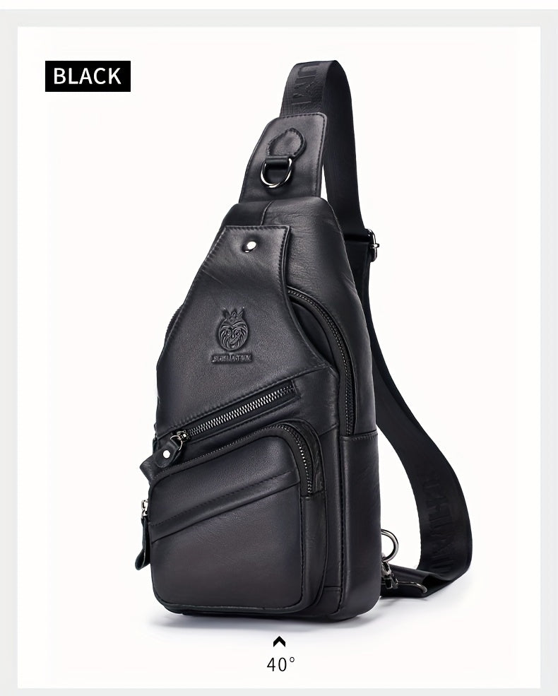 Men's Top Layer Cowhide Sling Bag, Genuine Leather Crossbody Bag, Retro Fashion Commuter Bag Multi-functional Travel Slant Shoulder Bag