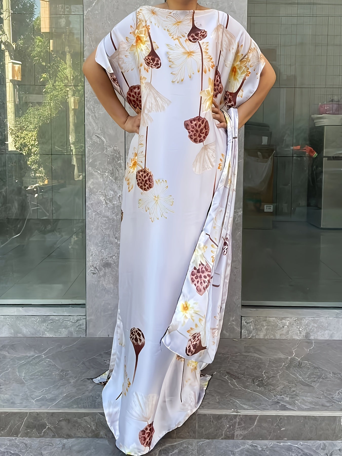 Women's Printed Long Baju Abaya with Scarf- Lightweight Polyester Batwing Sleeves, Loose Round Neck H-Shaped Spring/Summer Outfit, Suitable for Parties and Casual Wear