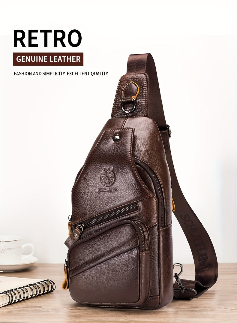 Men's Top Layer Cowhide Sling Bag, Genuine Leather Crossbody Bag, Retro Fashion Commuter Bag Multi-functional Travel Slant Shoulder Bag