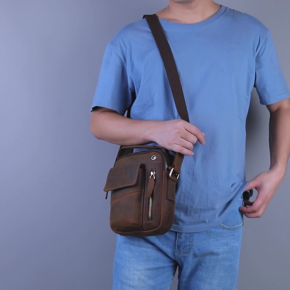 Crazy Horse Leather Shoulder Bag For Men, Fashionable Sling Bag For 7.9-in Tablet, Retro Crossbody Bag For Hanging Out & Daily Commute
