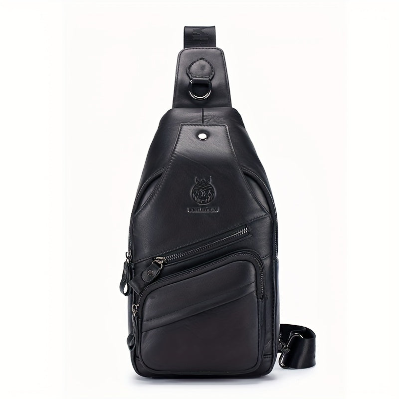 Men's Top Layer Cowhide Sling Bag, Genuine Leather Crossbody Bag, Retro Fashion Commuter Bag Multi-functional Travel Slant Shoulder Bag