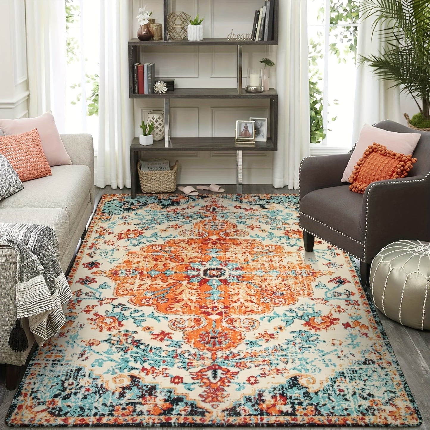 Bohemian Floral Medallion Area Rug - Oriental Distressed Bedroom Arabian Carpet Country Vintage Faux Wool Indoor Throw Mat Non-Slip Washable Low-Pile Carpet For Bathroom Living Kitchen Laundry Room