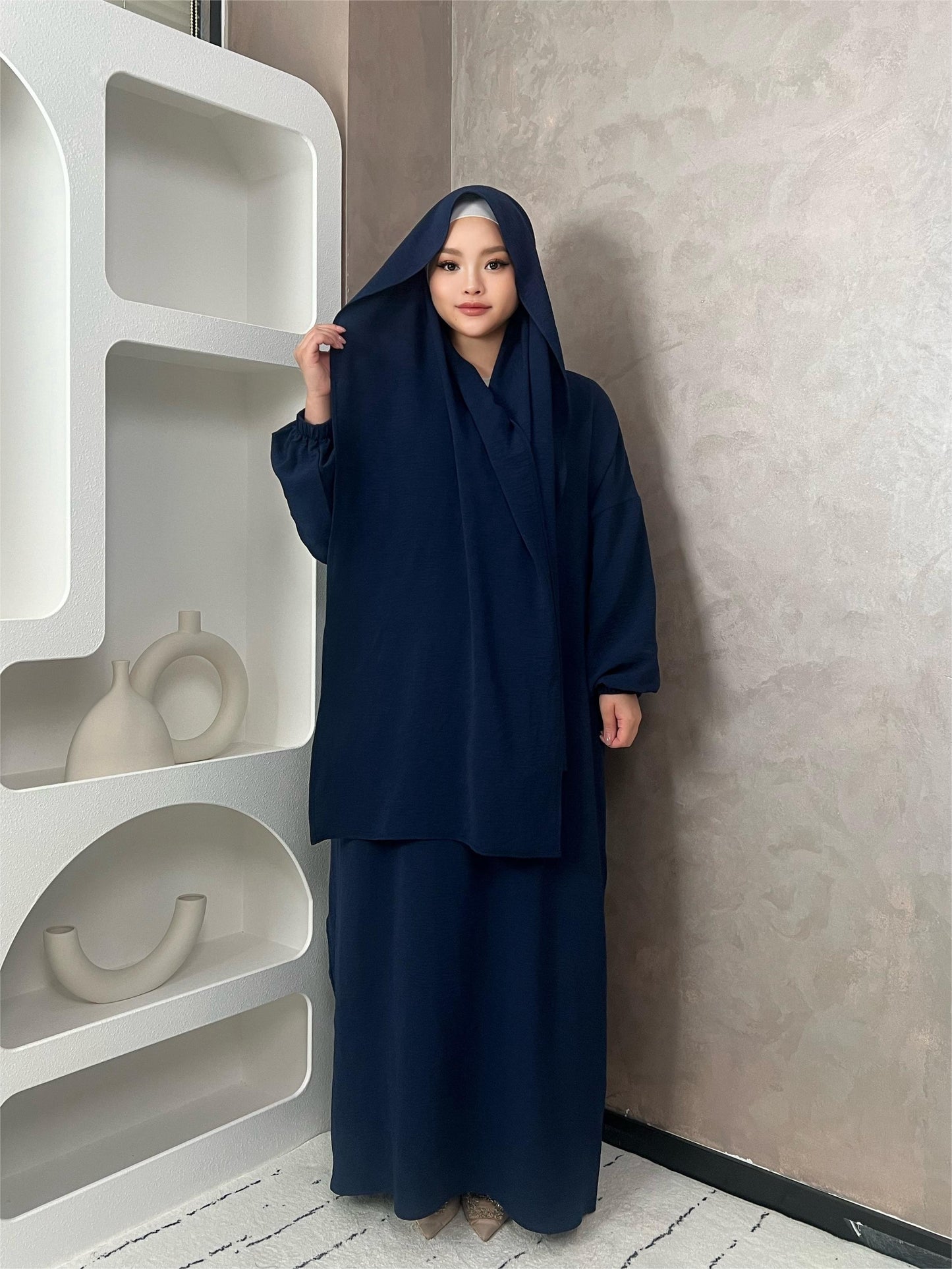 Elegant Crepe Hooded Jibab Abaya Hijab | Modest Long Sleeve Full Coverage Prayer Dress with Attached Scarf & Pockets, Machine Washable Medium Stretch Solid Color