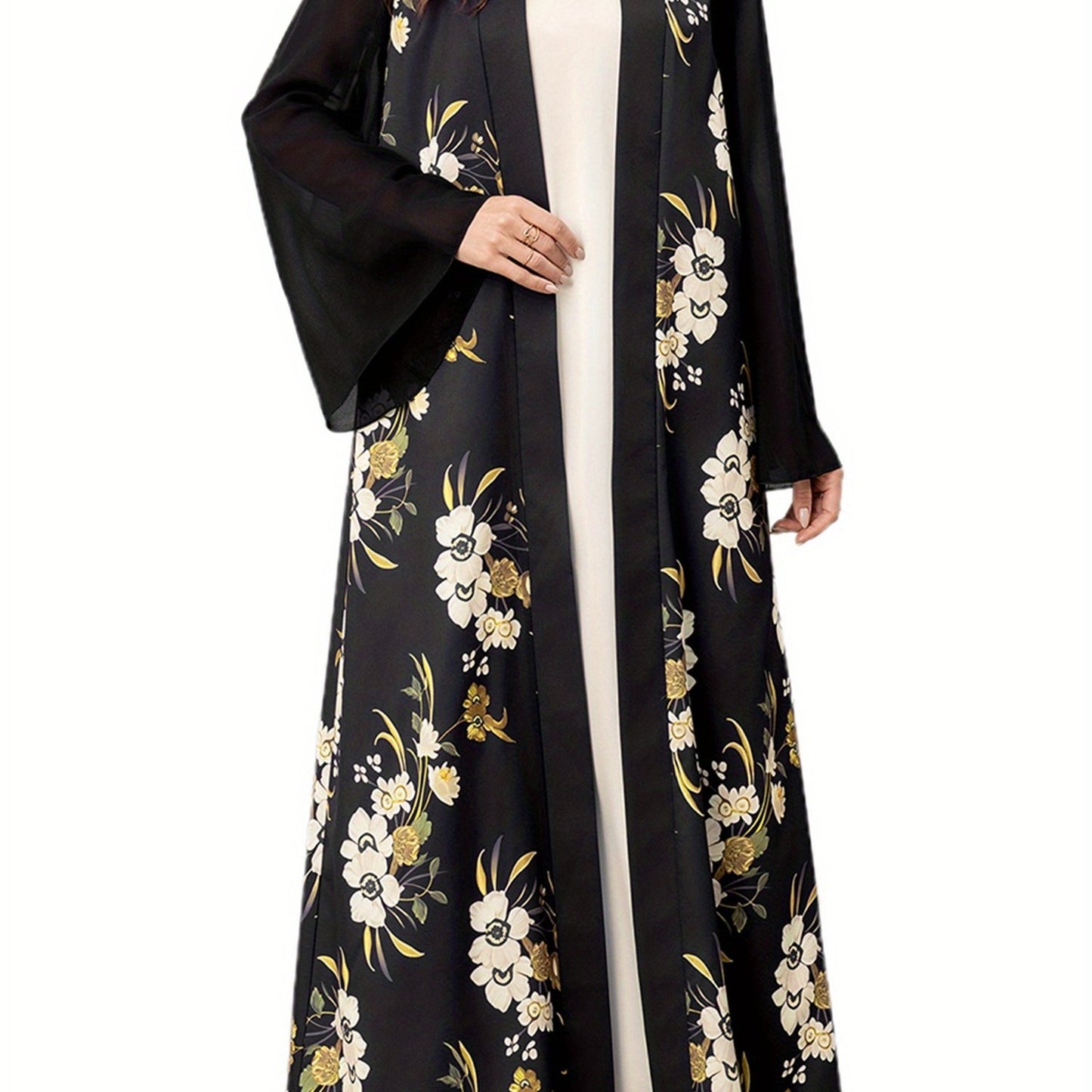 Elegant Black & White Floral Print Long Sleeve Kaftan Gown for Women - Loose Kimono Abaya with Golden Accents, Perfect for Spring and Summer Casual Wear, Comfortable Clothing