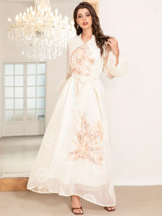 Elegant style High collar Jacquard Dots Embroidery Lantern sleeve Kaftan Baju Abaya