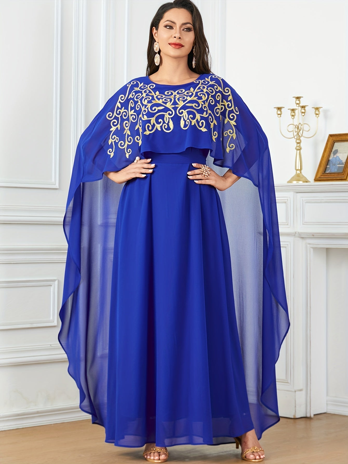 Stylish Long Cape with Lace Edge and Embroidery, Two-piece Set, Robe with Waistband and Body-hugging Abaya Dress