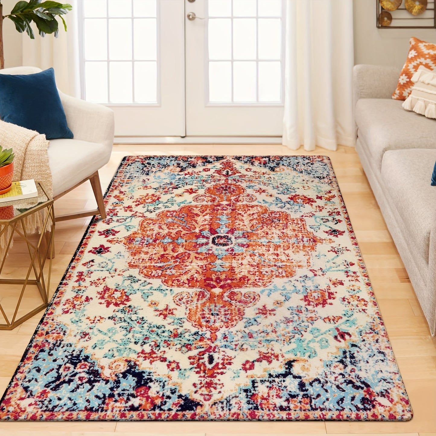 Bohemian Floral Medallion Area Rug - Oriental Distressed Bedroom Arabian Carpet Country Vintage Faux Wool Indoor Throw Mat Non-Slip Washable Low-Pile Carpet For Bathroom Living Kitchen Laundry Room