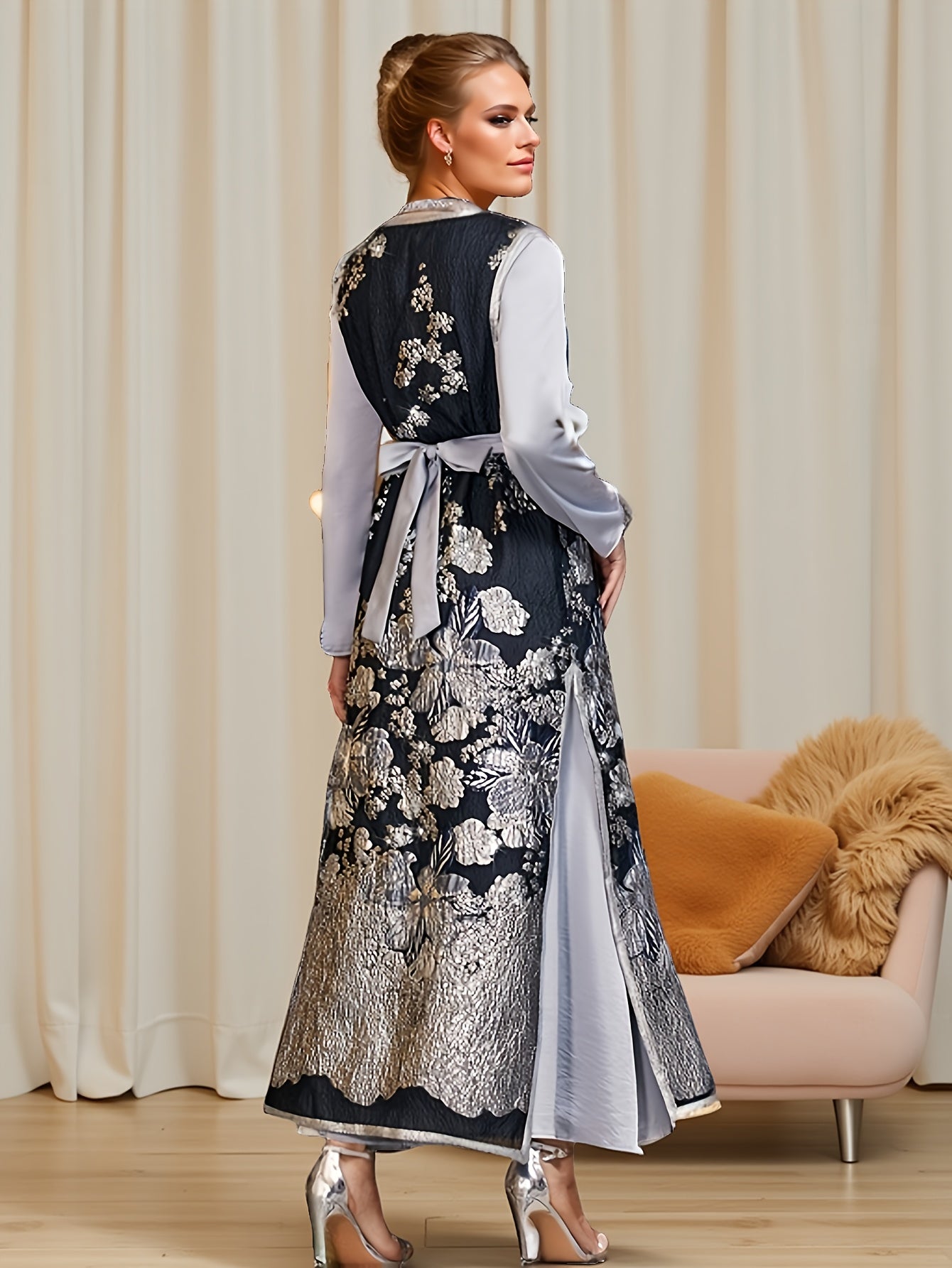 Middle Eastern Women's Casual Printed Emirati Abaya Set, Two-Piece Outfit with Floral Pattern and Rhinestone Embellishments, Long Sleeve, Spring/Summer Wear