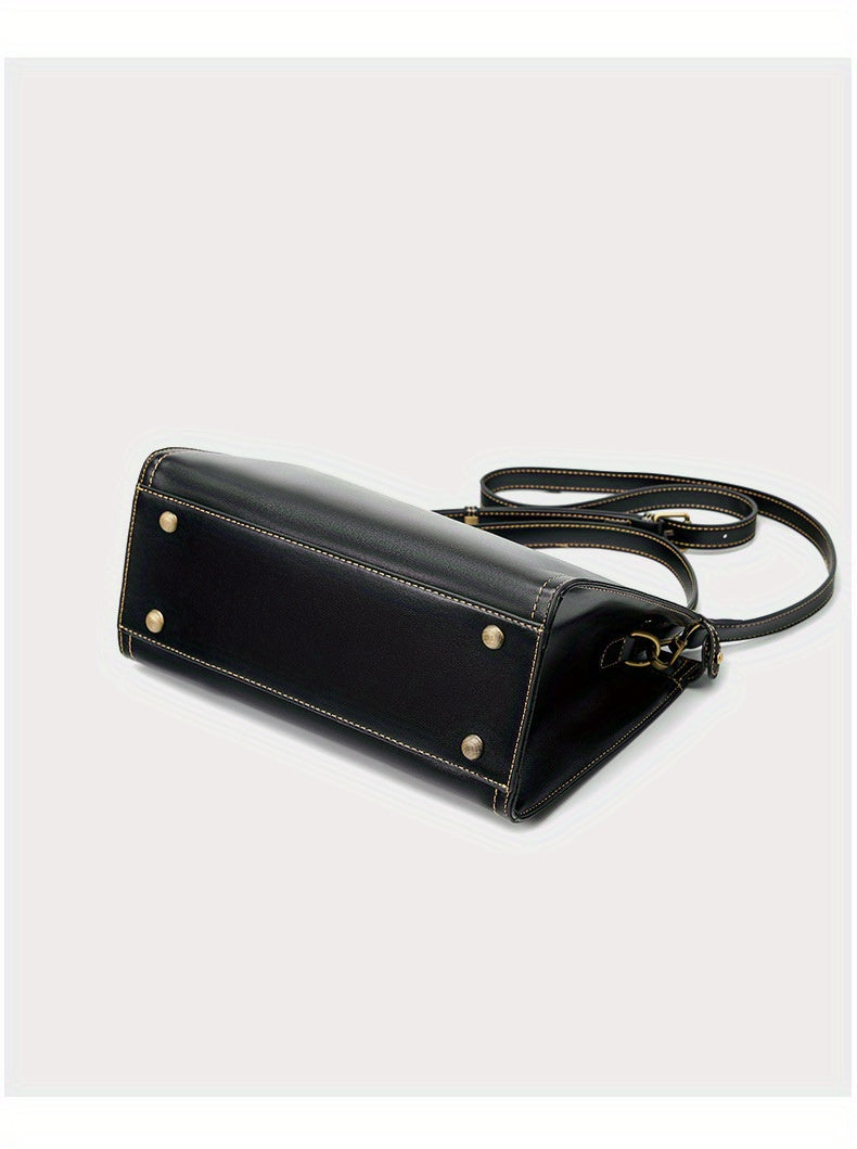 Women's Genuine Leather Crossbody Bag - Retro Minimalist Design with Golden-Tone Clasp Closure, Versatile Commuting & Dating Handbag