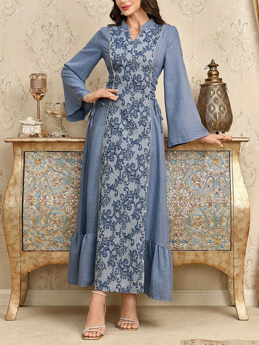 Elegant Middle Eastern-Inspired Women's Baju Abaya with Stand-Up Collar & Adjustable Waist Tie - Sleeve Solid Color Traditional Attire, Machine Washable for All-Season Wear