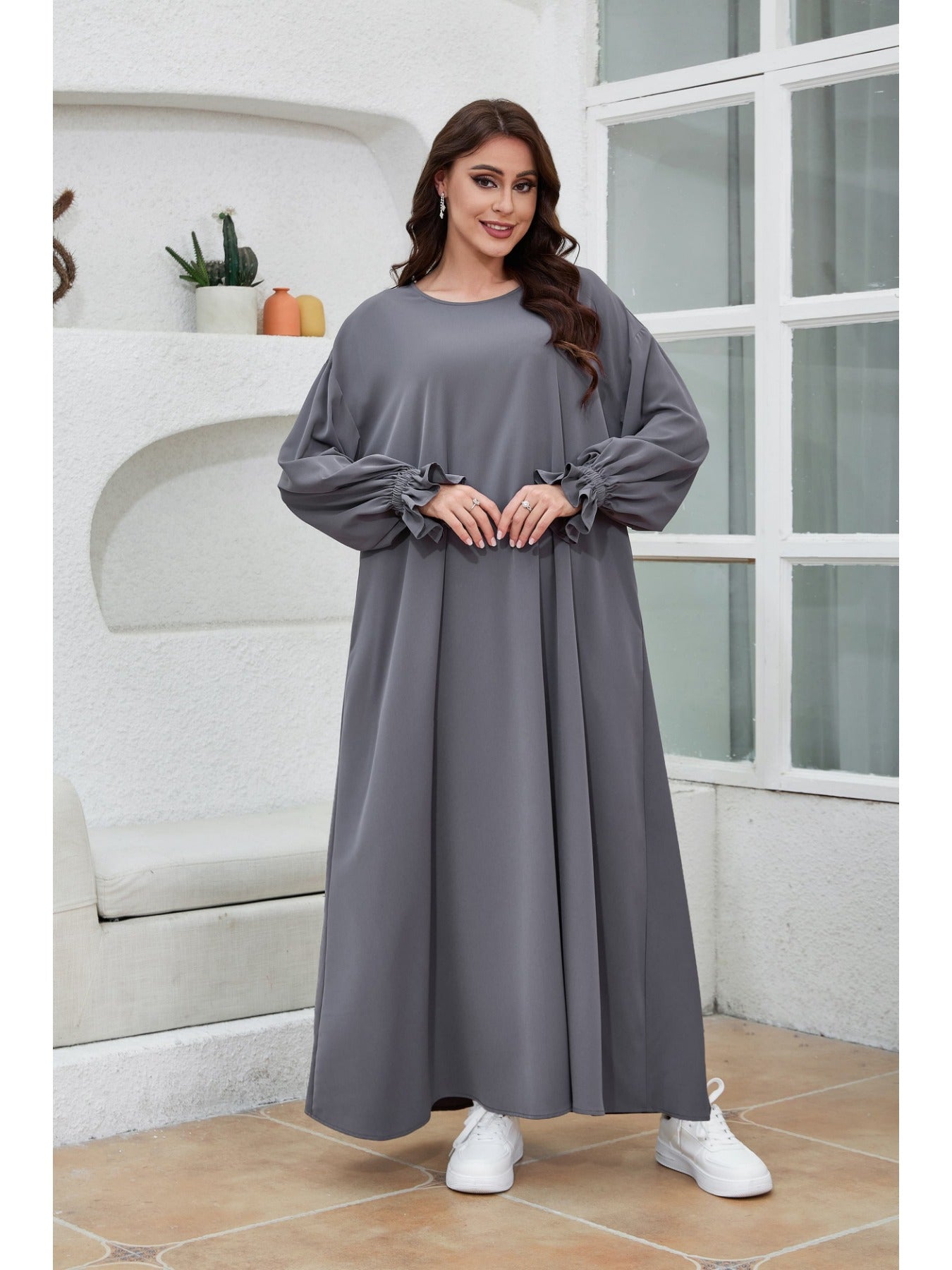 Polyester Women's Elegant Long Robe & Khimar Abaya Set | Turkish Dubai Style Hijab, Loose Fit, No Belt, Perfect for Spring/Summer, Middle Eastern Fashion, Long Sleeve