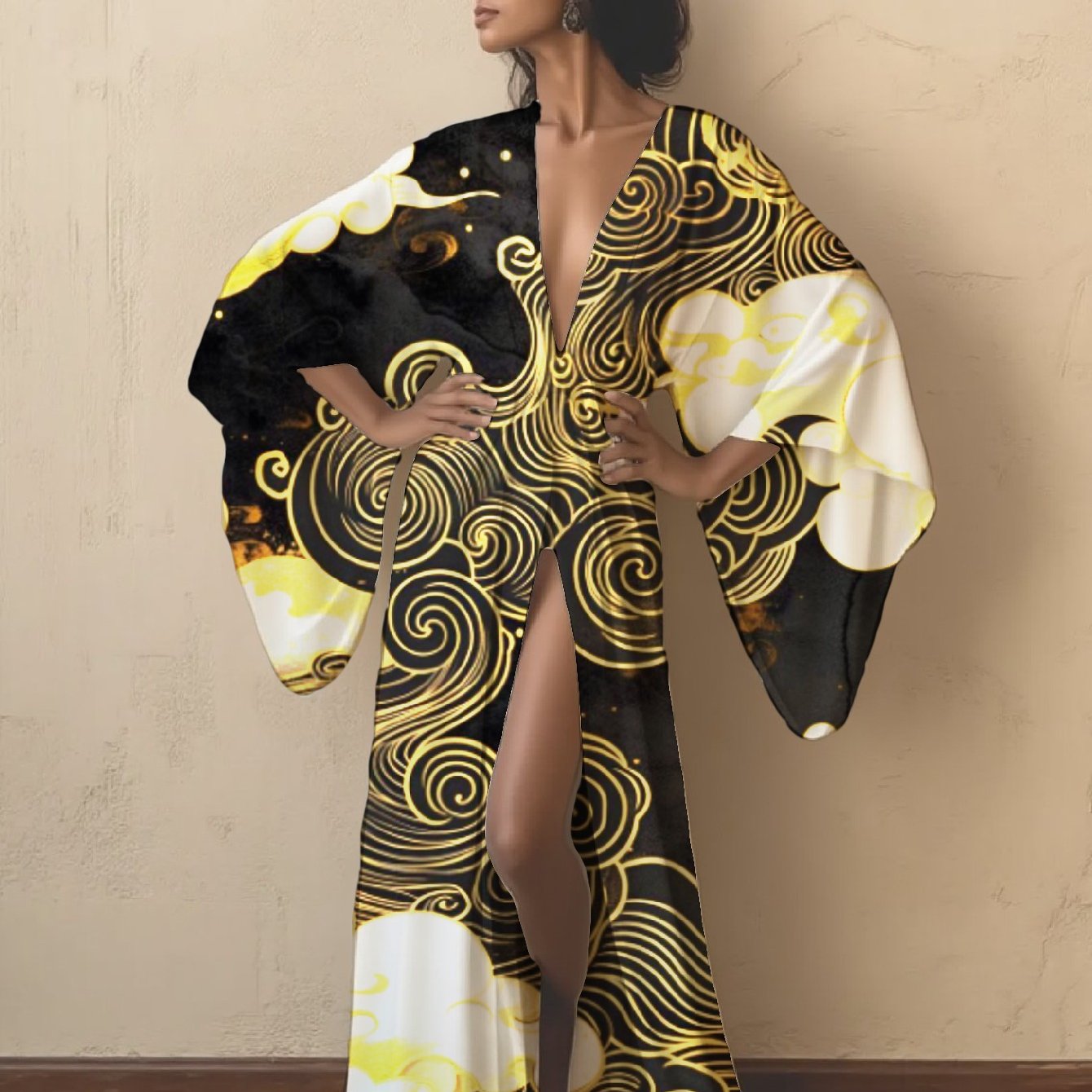 Women's Japanese Kimono Abaya - Long Open Front Cardigan with Adjustable Waist Belt, Lightweight Maxi Robe in Black/White/ Golden/Gray/Blue/Red/ - Boho Chic Lounge, Beach, Party