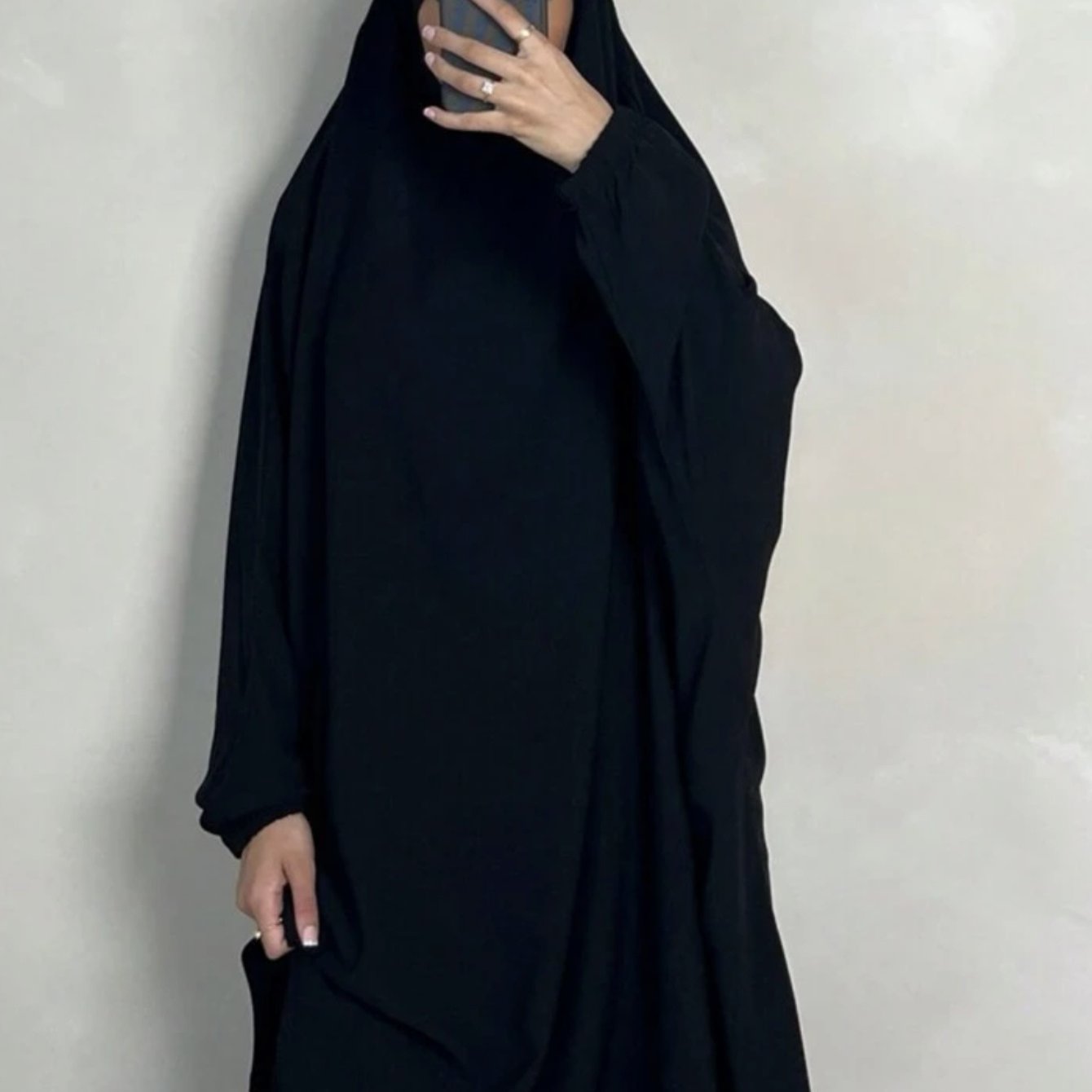 Elegant Solid Black Baju Abaya Prayer Dress - Loose Fit Batwing Sleeves Long Sleeve Ramadan Abaya with Hijab Headscarf, Traditional Middle Eastern All-Season Long Robe for Women