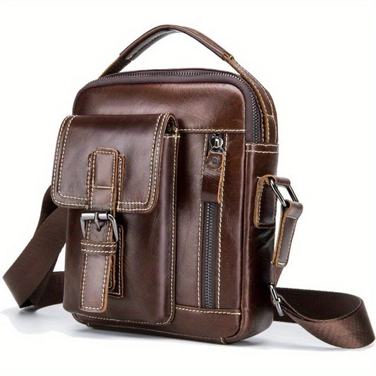 Genuine Menger Handbag for Men & Women - Vintage Leather Crossbody Bag with Multiple Zipper Pockets, Adjustable Strap, Compact 6.88x8.66x8.66in, Brown