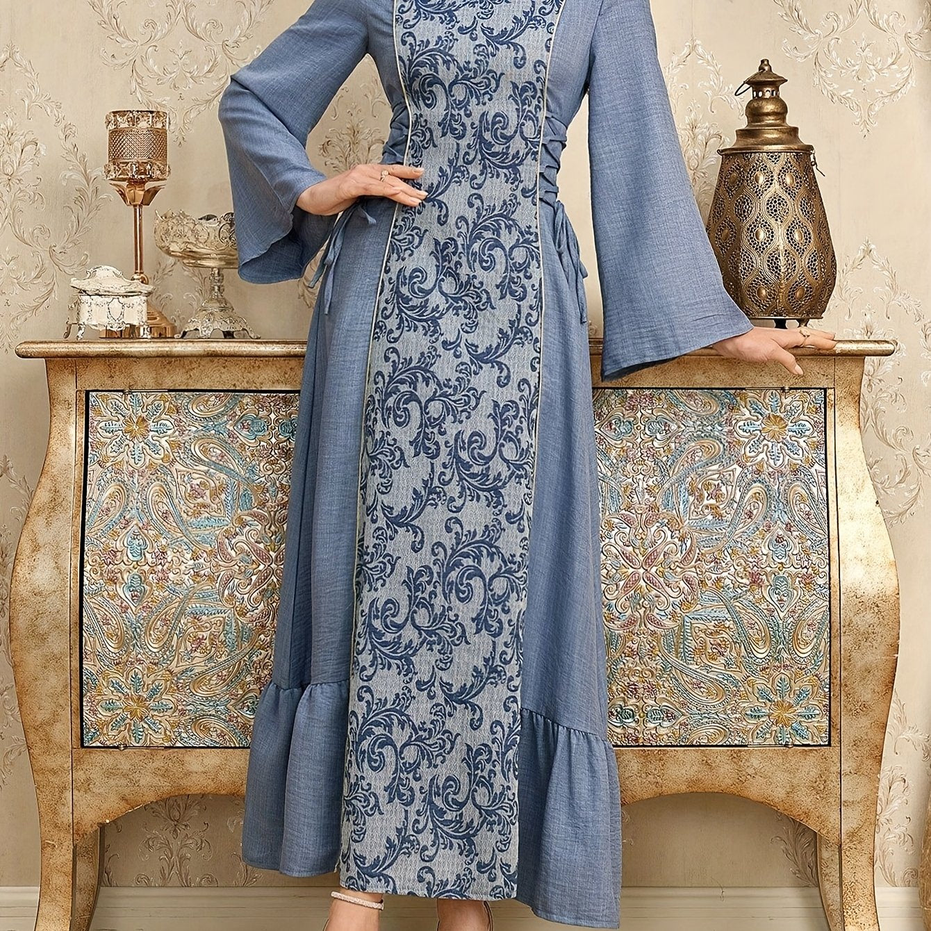 Elegant Middle Eastern-Inspired Women's Baju Abaya with Stand-Up Collar & Adjustable Waist Tie - Sleeve Solid Color Traditional Attire, Machine Washable for All-Season Wear