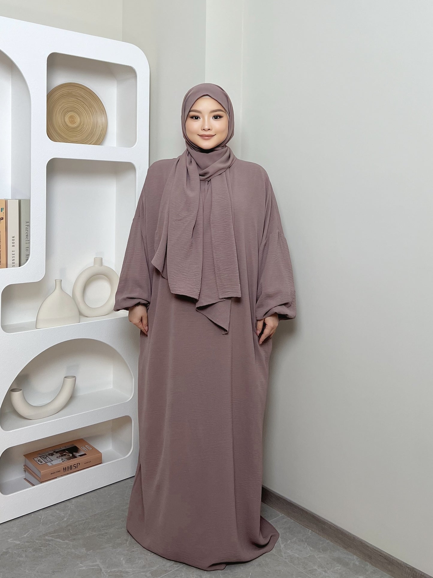 Elegant Crepe Hooded Jibab Abaya Hijab | Modest Long Sleeve Full Coverage Prayer Dress with Attached Scarf & Pockets, Machine Washable Medium Stretch Solid Color