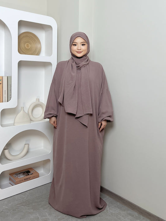 Elegant Crepe Hooded Jibab Abaya Hijab | Modest Long Sleeve Full Coverage Prayer Dress with Attached Scarf & Pockets, Machine Washable Medium Stretch Solid Color