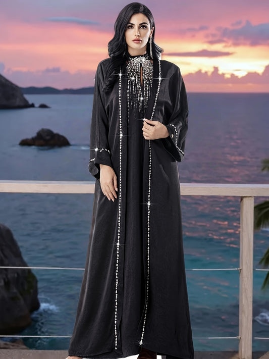 Arabian Style Black Abaya Two-Piece Set! with Rhinestone Embellishments, Luxurious and Elegant