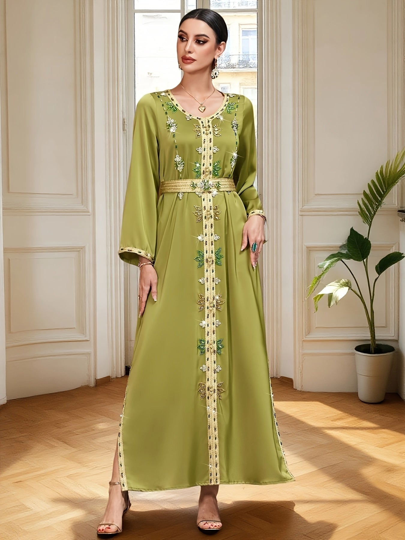 Women's Olive Green Emirati Abaya Gown with Sparkling Rhinestone Embellishments, Long Sleeves, and Belted Waist - Elegant Floor-Length Dress for Spring/Summer, Polyester Blend, Machine Washable