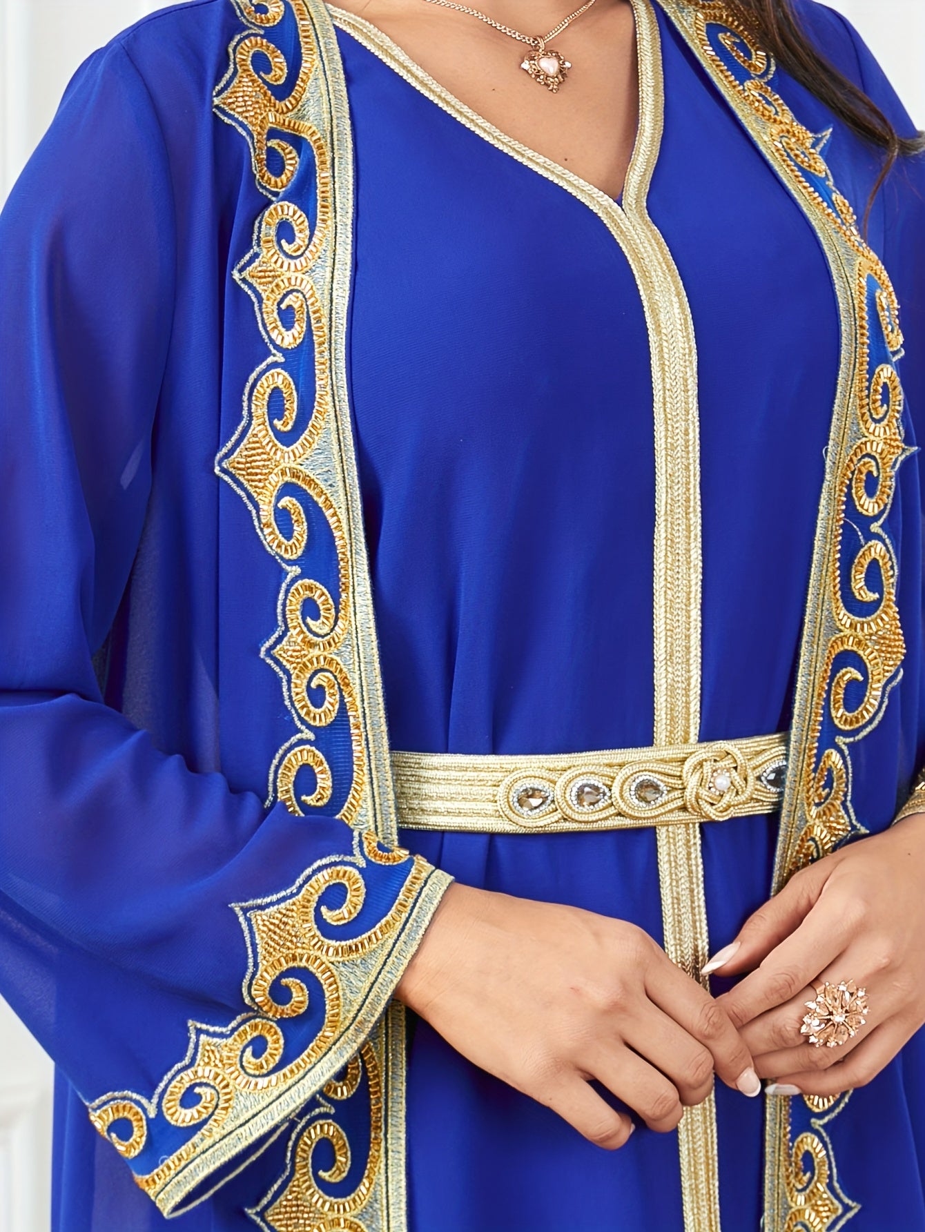 New Middle Eastern Emirati Abaya Dress + Cardigan Lace Embroidery Long Sleeve Two-Piece Robe Dress