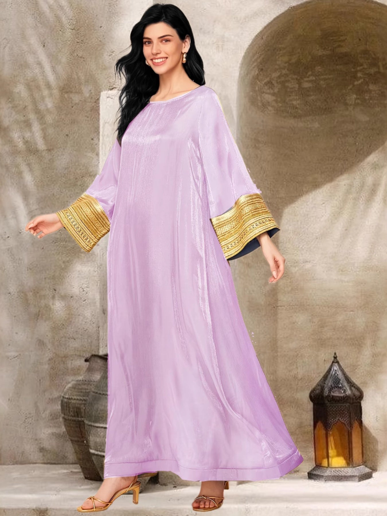 Women's Elegant Islamic Baju Abaya Dress - Long Sleeve Flowy Swing Dress in Pastel Lavender, Non-Stretchy Formal & Everyday Muslim Dress for Prayer, Office, Social Events
