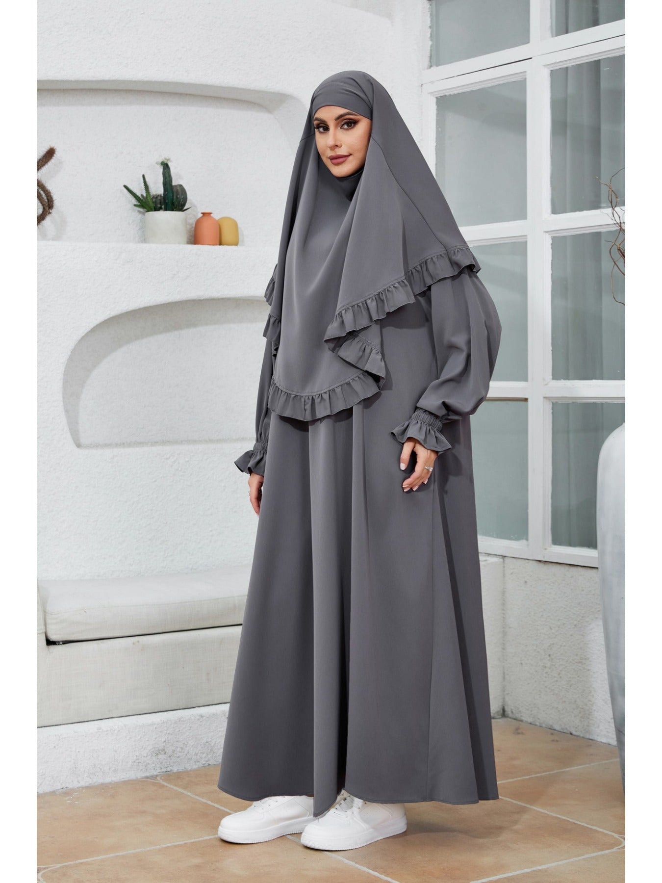 Polyester Women's Elegant Long Robe & Khimar Abaya Set | Turkish Dubai Style Hijab, Loose Fit, No Belt, Perfect for Spring/Summer, Middle Eastern Fashion, Long Sleeve