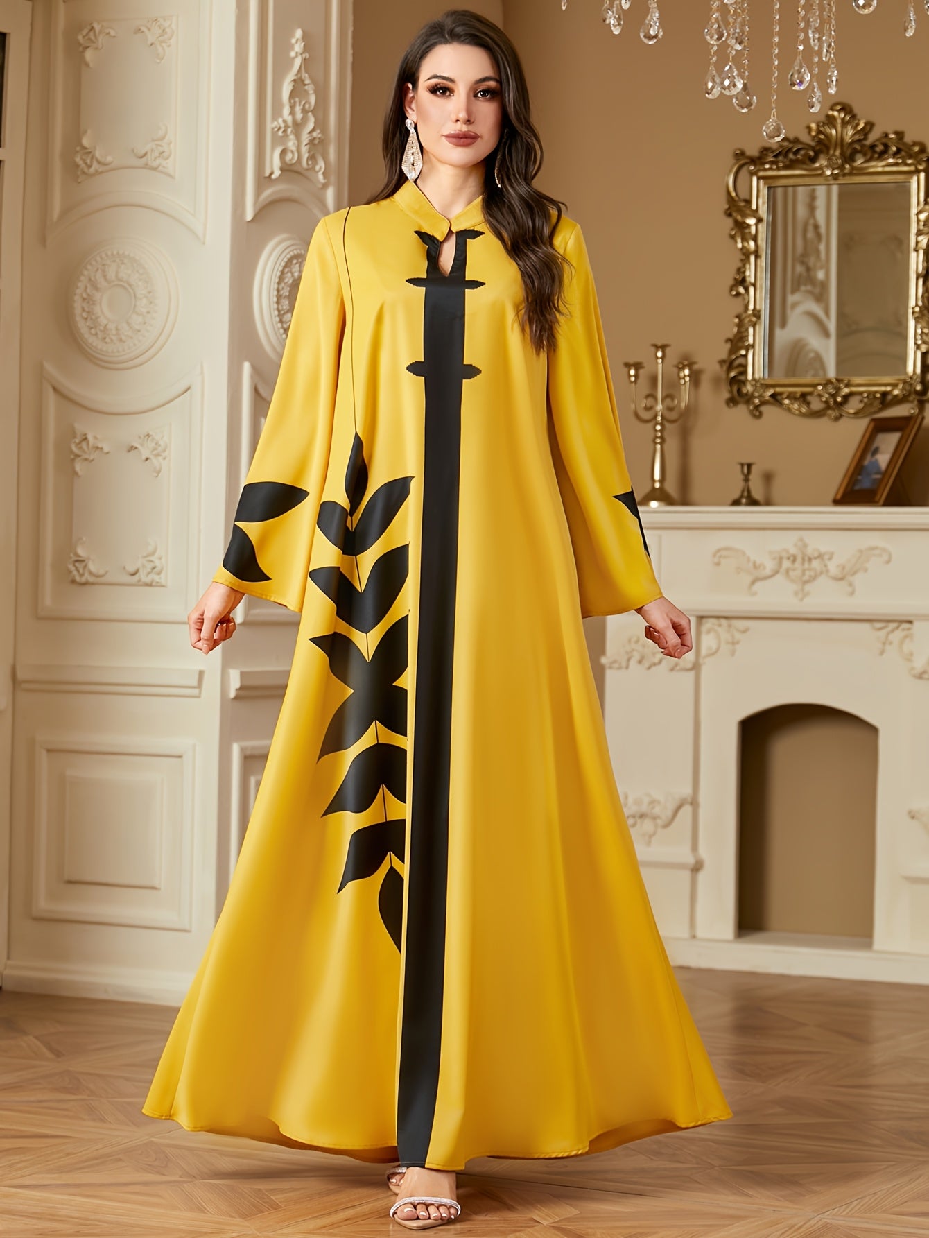 Stylish Elegant Tribal Print | Long Sleeve Baju Abaya | 100% Polyester, Non-Stretch Woven Fabric, Regular Sleeve, All Season, A-Fit, 120g/m², Versatile