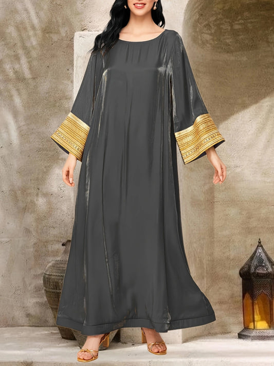 Elegant Women's Long Sleeve Baju Abaya Dress - Crew Neck, Patchwork Design, Loose Swing Fit, Solid Color, Perfect for Spring/Summer, Casual to Formal Wear, Casual Formal Dress