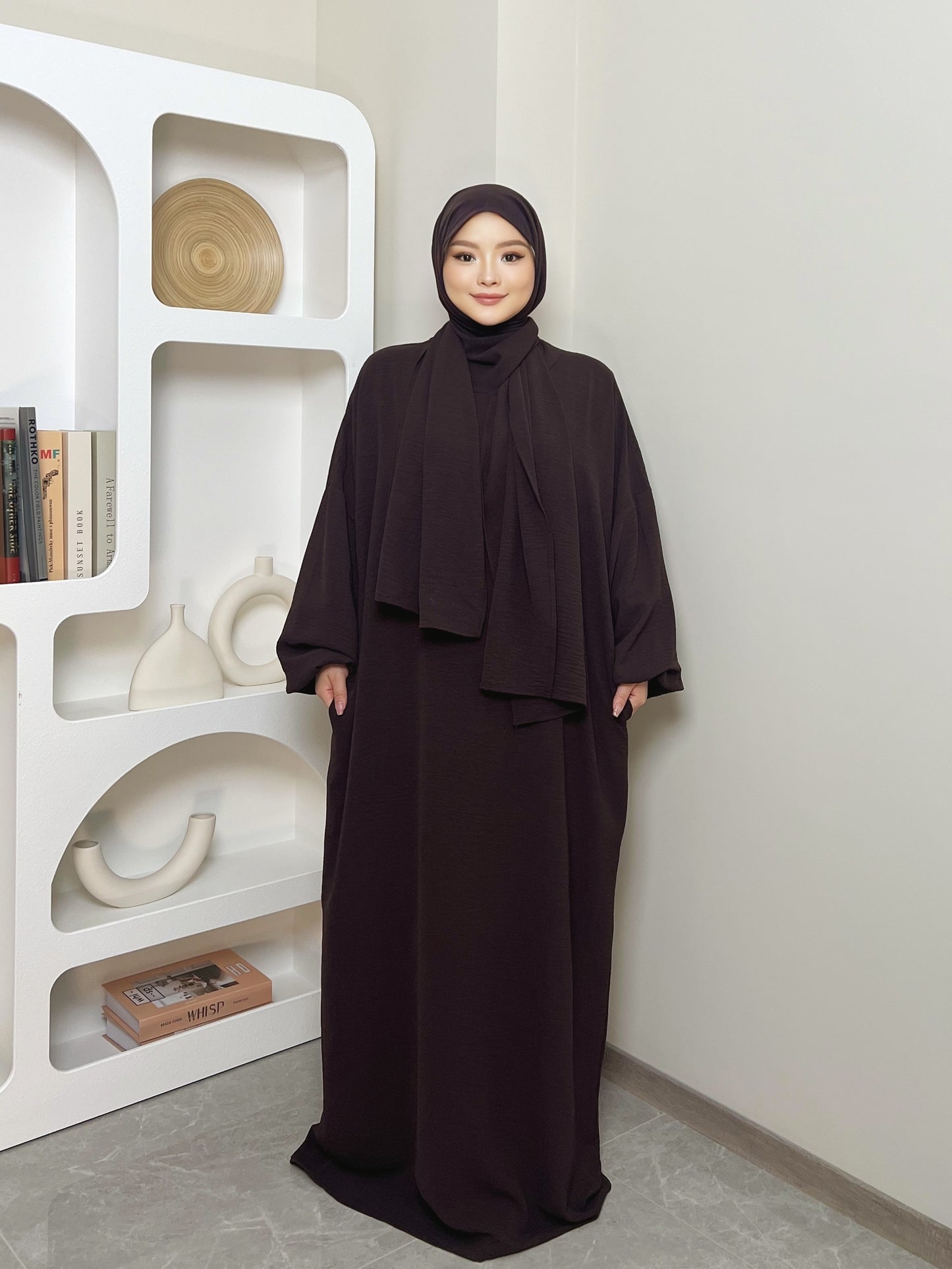 Elegant Crepe Hooded Jibab Abaya Hijab | Modest Long Sleeve Full Coverage Prayer Dress with Attached Scarf & Pockets, Machine Washable Medium Stretch Solid Color
