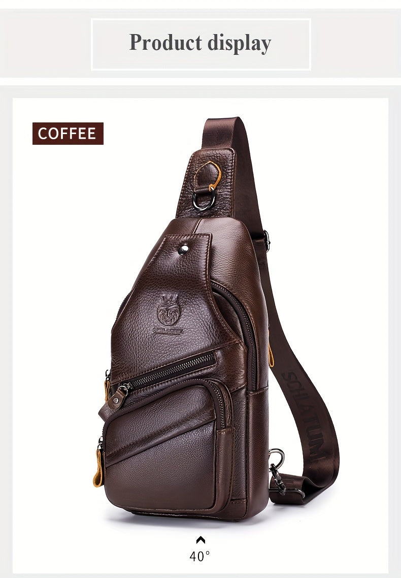 Men's Top Layer Cowhide Sling Bag, Genuine Leather Crossbody Bag, Retro Fashion Commuter Bag Multi-functional Travel Slant Shoulder Bag