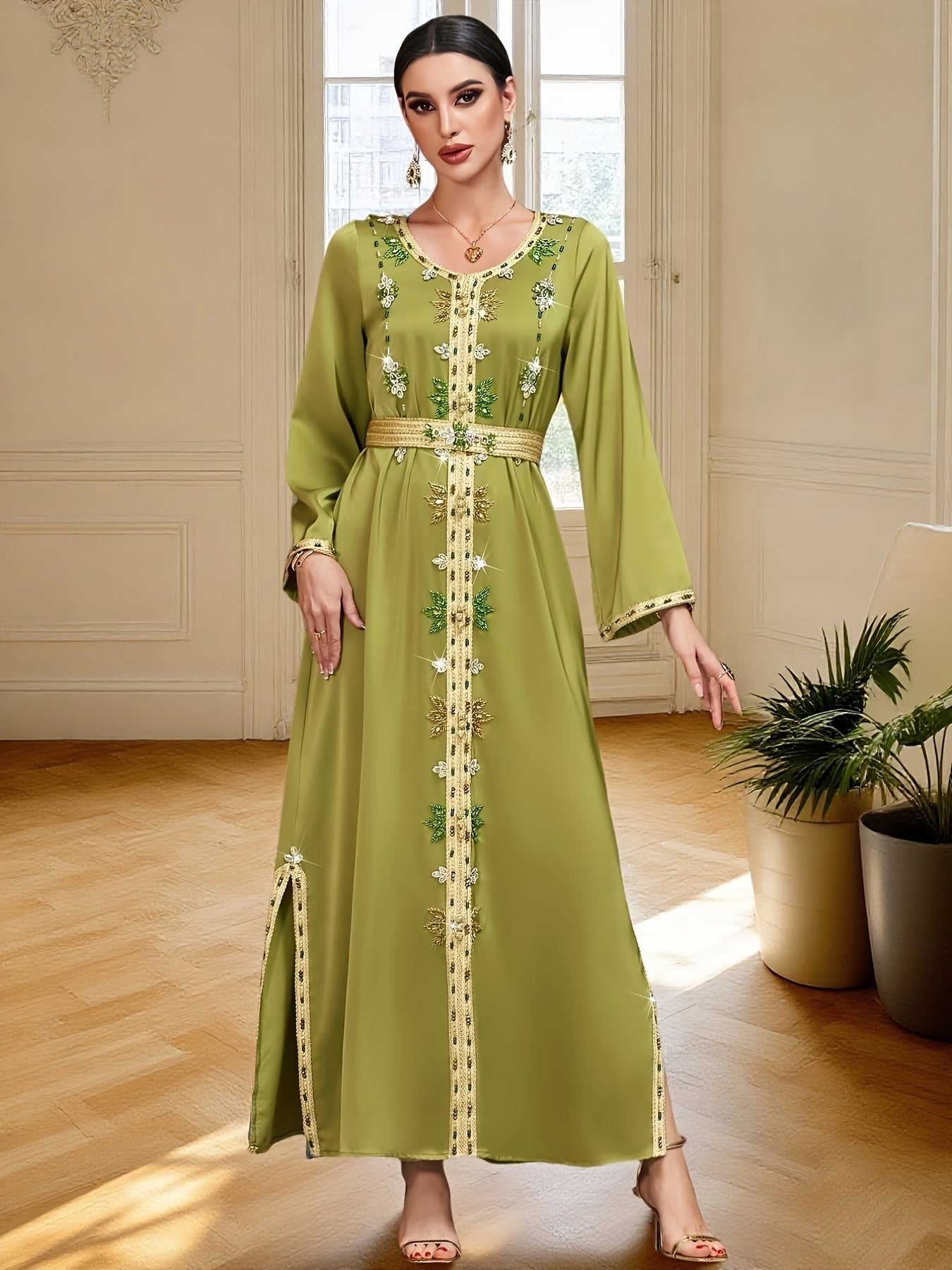 Women's Olive Green Emirati Abaya Gown with Sparkling Rhinestone Embellishments, Long Sleeves, and Belted Waist - Elegant Floor-Length Dress for Spring/Summer, Polyester Blend, Machine Washable