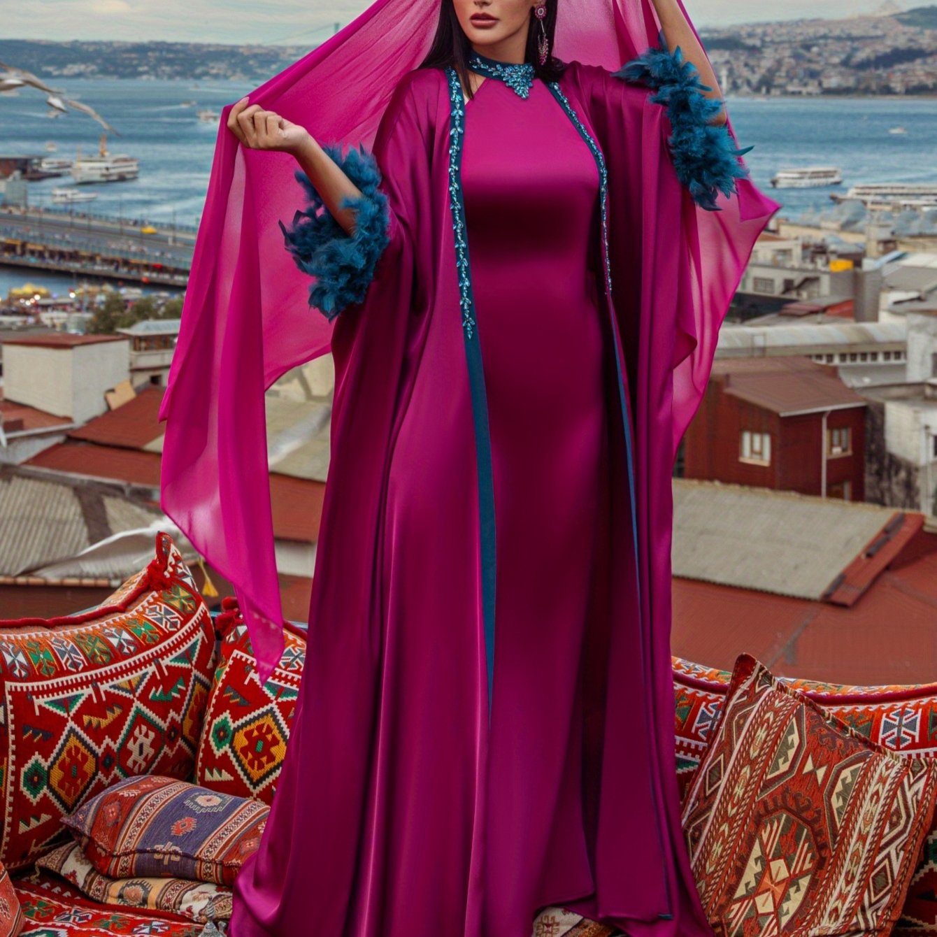 Elegant Purple Three-Piece Robe Set with Blue Sleeves and Sequined Collar, Featuring Modern Abaya Gown With Headscarf for an Air of Sophistication