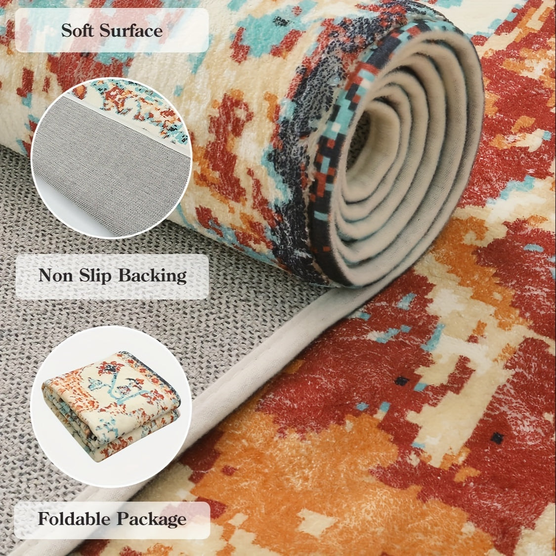 Bohemian Floral Medallion Area Rug - Oriental Distressed Bedroom Arabian Carpet Country Vintage Faux Wool Indoor Throw Mat Non-Slip Washable Low-Pile Carpet For Bathroom Living Kitchen Laundry Room
