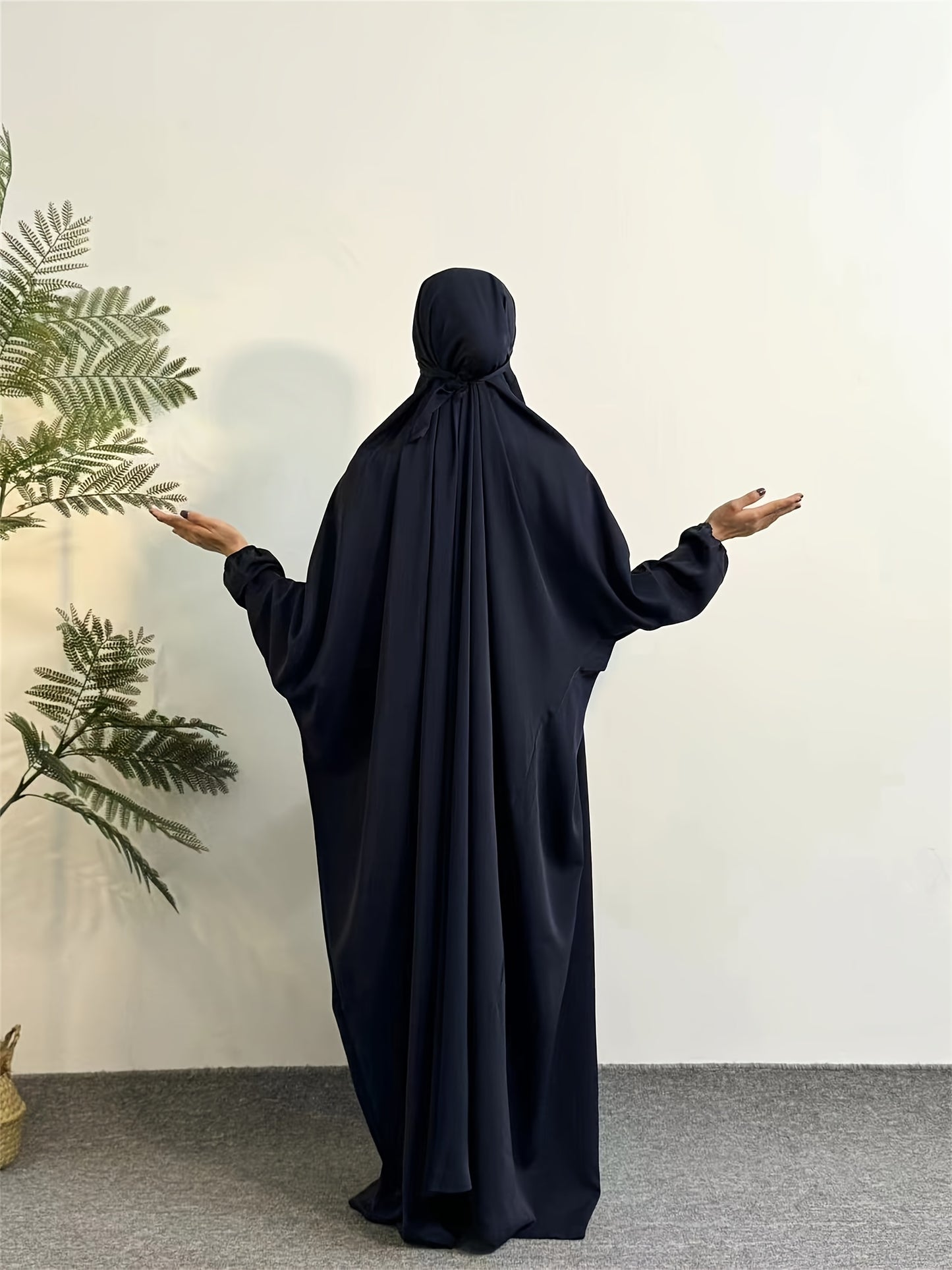 Elegant Black Hijab Dress for Women - Long Sleeve Smocked Abaya Kaftan with Hooded Prayer Abaya Burqa, Polyester Islamic Modest Clothing for Ramadan & Daily Wear