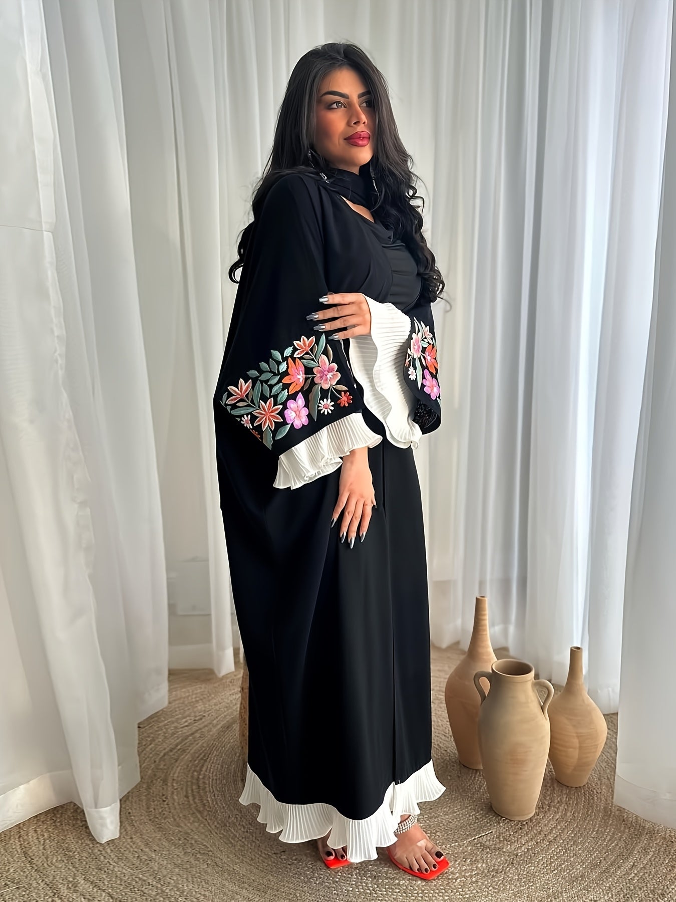Women's Elegant Arabic Abaya Robe - Modest Islamic Full Coverage Long Dress with Floral wrist Accents, Black Formal & casual Muslim gown for Everyday Special Occasions, Versatile Layering Piece, Stylish Sheer Overlay, Delicate
