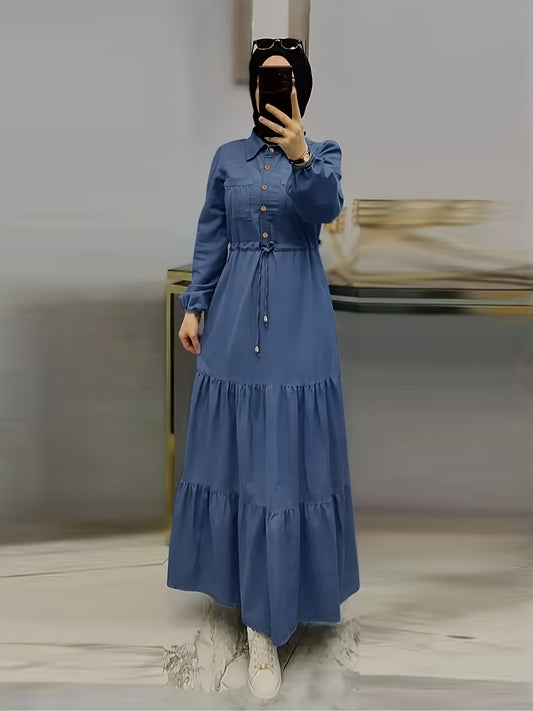 Blue Elegant Women's Baju Abaya | Middle Eastern-Inspired, Adjustable Waist Tie, Golden Buttons, Long Sleeve, Ruffled Hem, Machine Washable, All-Season Traditional Casual Wear