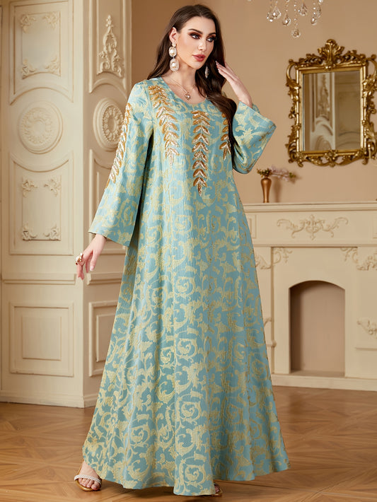 Women's Elegant Middle Eastern-Inspired A-Line Baju Abaya with Floral Appliqué & Beaded Embellishments - Long Sleeve Floor-Length Loose Fit Machine Washable All-Season Casual to Formal Wear
