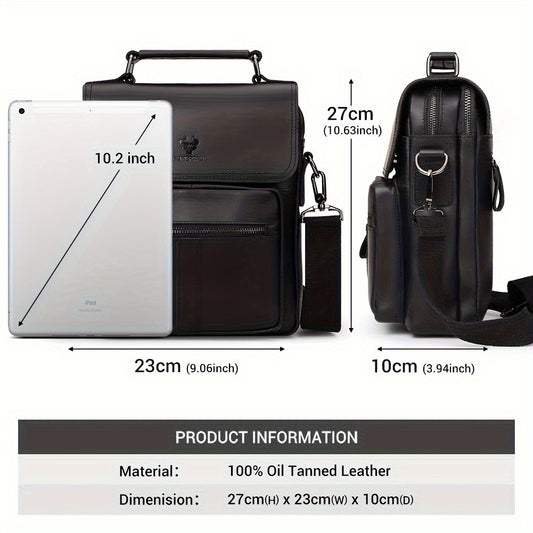 Men's Genuine Crazy Horse Leather Crossbody Bag - Adjustable Shoulder Strap, Multiple Compartments, Black Messenger Bag for Outdoor Travel & Business