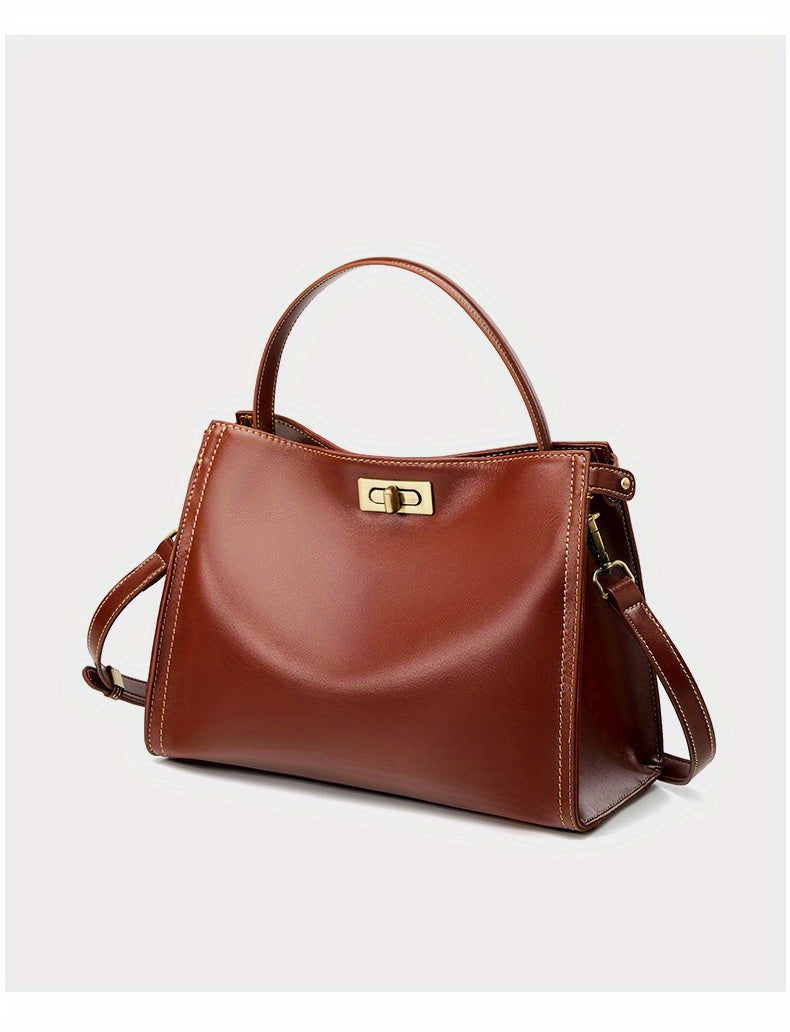 Women's Genuine Leather Crossbody Bag - Retro Minimalist Design with Golden-Tone Clasp Closure, Versatile Commuting & Dating Handbag