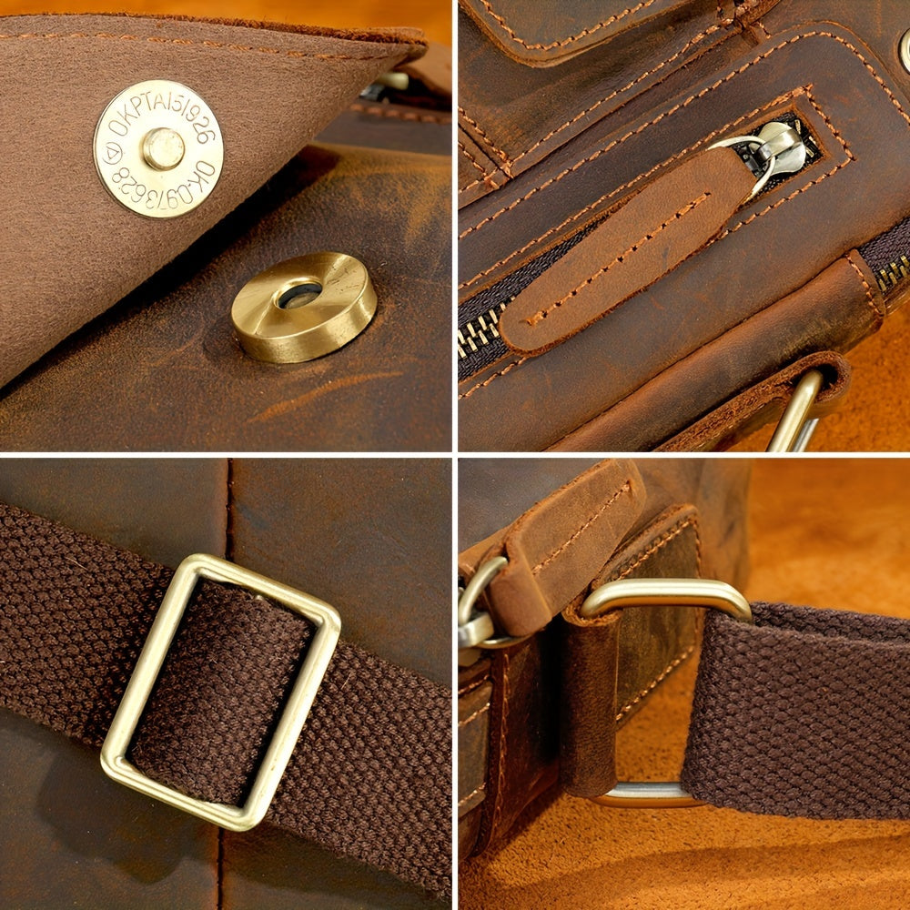 Crazy Horse Leather Shoulder Bag For Men, Fashionable Sling Bag For 7.9-in Tablet, Retro Crossbody Bag For Hanging Out & Daily Commute