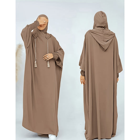 Elegant Solid Brown Crinkle Polyester Jibab Abaya with Hood - Breathable Loose Fit Women's Casual Hijab Dress for Outdoor Wear, Comfortable Wear | Flowing Garment | Smooth Texture