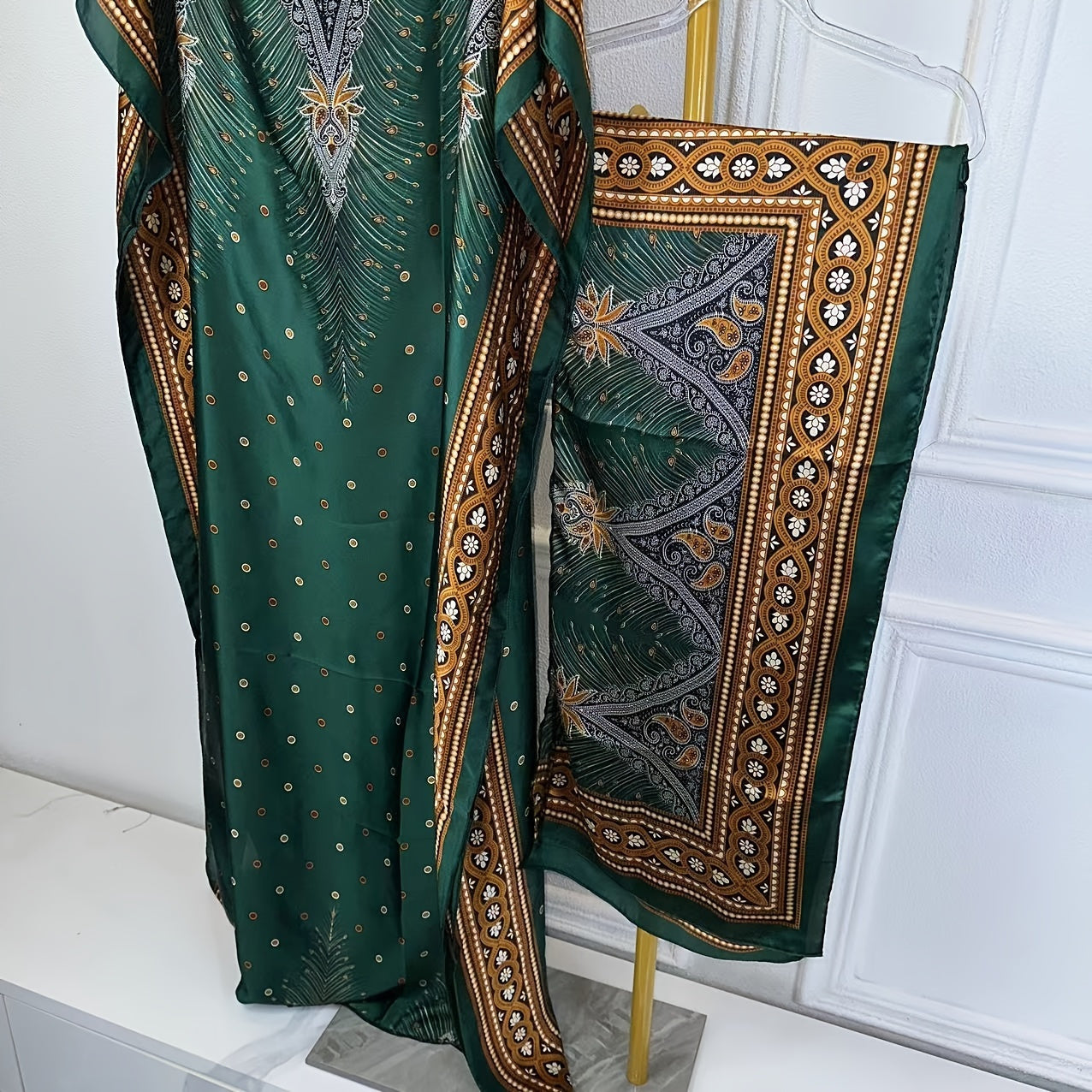 Women's Elegant Short Sleeve Loose Fit Long Dress - Traditional Middle Eastern Baju Abaya with All-Over Floral Print, Adjustable Waist Belt & Boat Neck Scarf - Breathable Machine-Washable