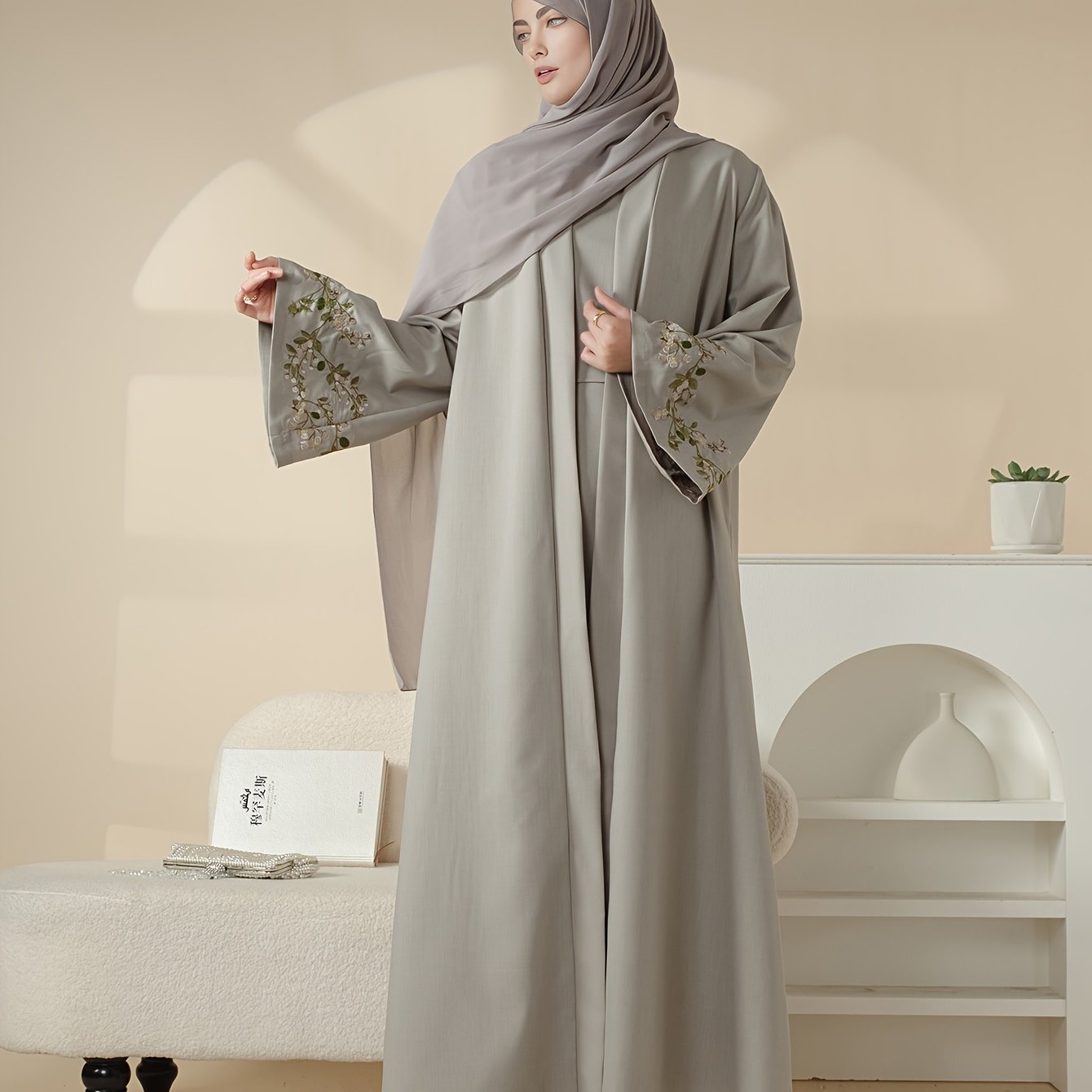 Elegant Floral Polyester 3pcs Set Abaya Gown, Open with Pocket Lining, 150G/M² Fabric Weight, Middle East Collection, for Women