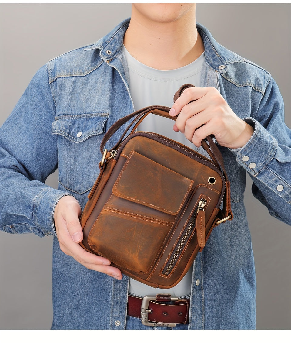 Crazy Horse Leather Shoulder Bag For Men, Fashionable Sling Bag For 7.9-in Tablet, Retro Crossbody Bag For Hanging Out & Daily Commute